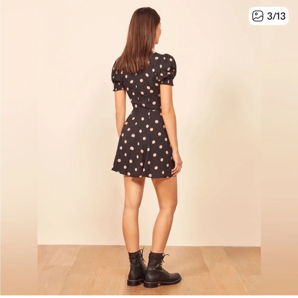 NWT Reformation Black and Pink Polka Dot Mini Drea Dress - Picture 3 of 5